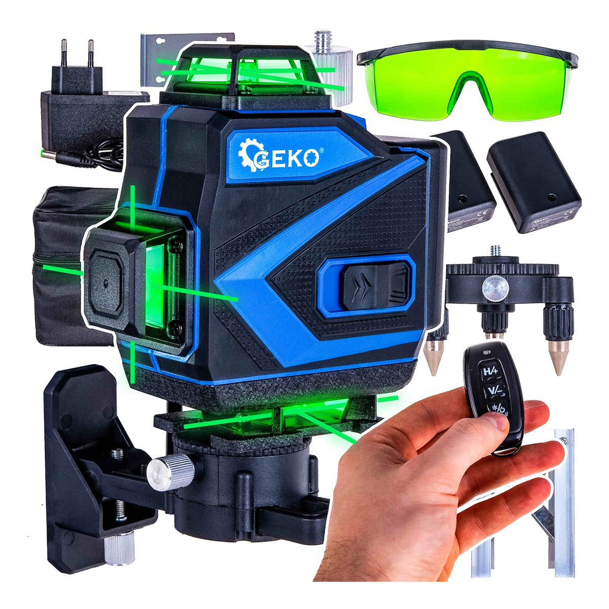 Laserová vodováha - krížový laser 360° 4D, s 2 akumulátormi, Geko