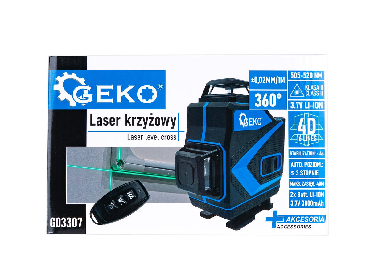 Laserová vodováha - krížový laser 360° 4D, s 2 akumulátormi, Geko
