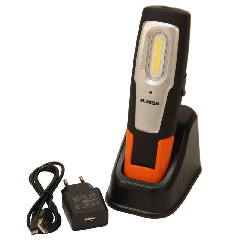 LED COB dielenská pracovná lampa, nabíjateľná, s magnetickým držiakom a háčikom, 2W, nabíjačka v balení Fluxon Holandsko Profesional