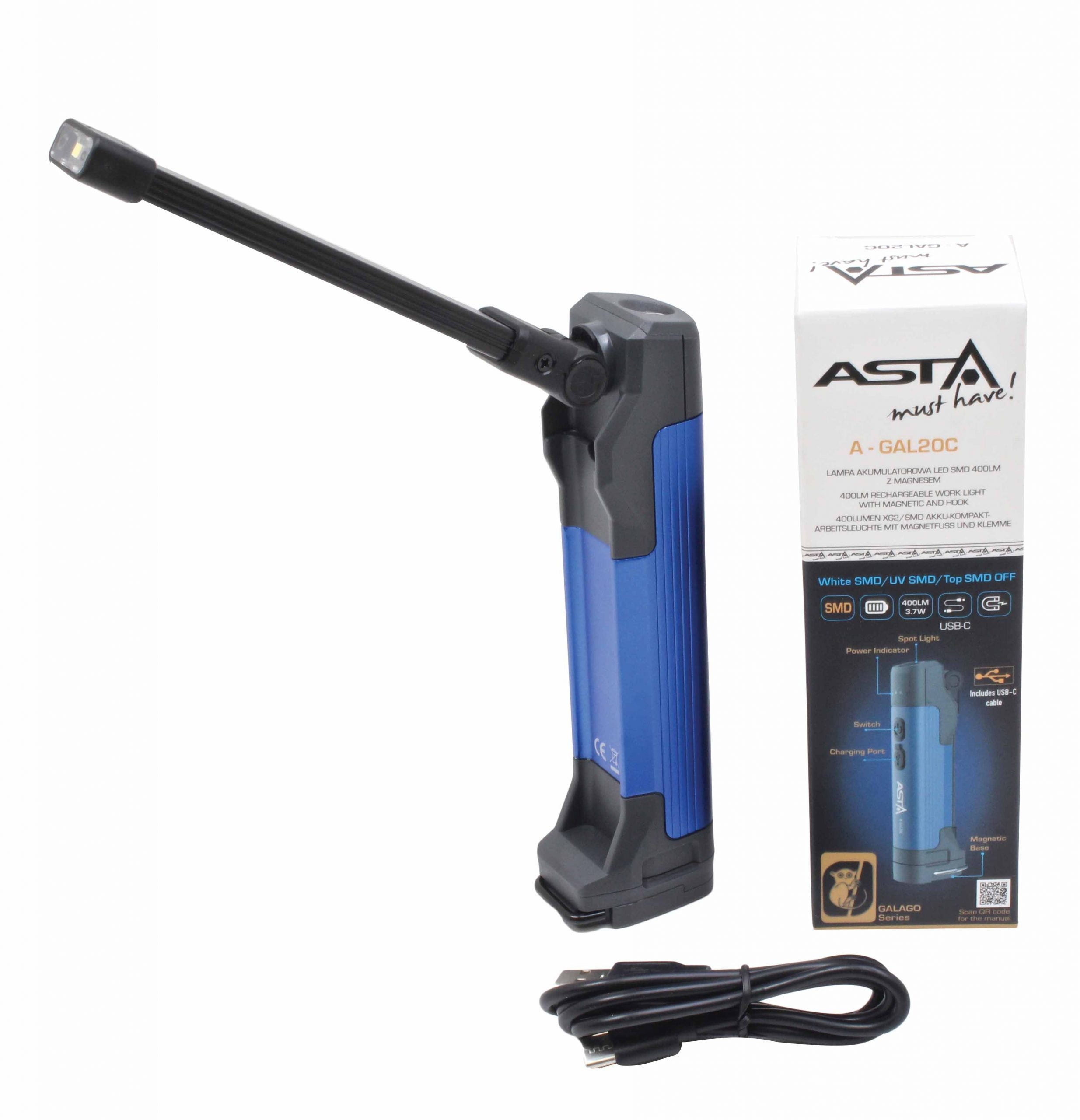LED COB dielenská pracovná lampa s akumulátorom, 400lm Asta