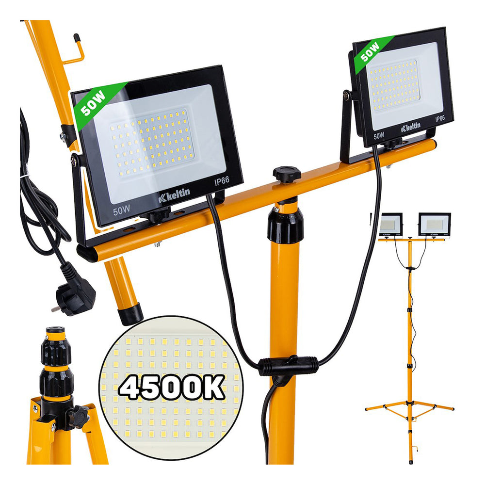 LED reflektor, 2 x 50W, s nastaviteľným statívom 60 - 160cm, neutrálna biela 4500K, IP66, Keltin