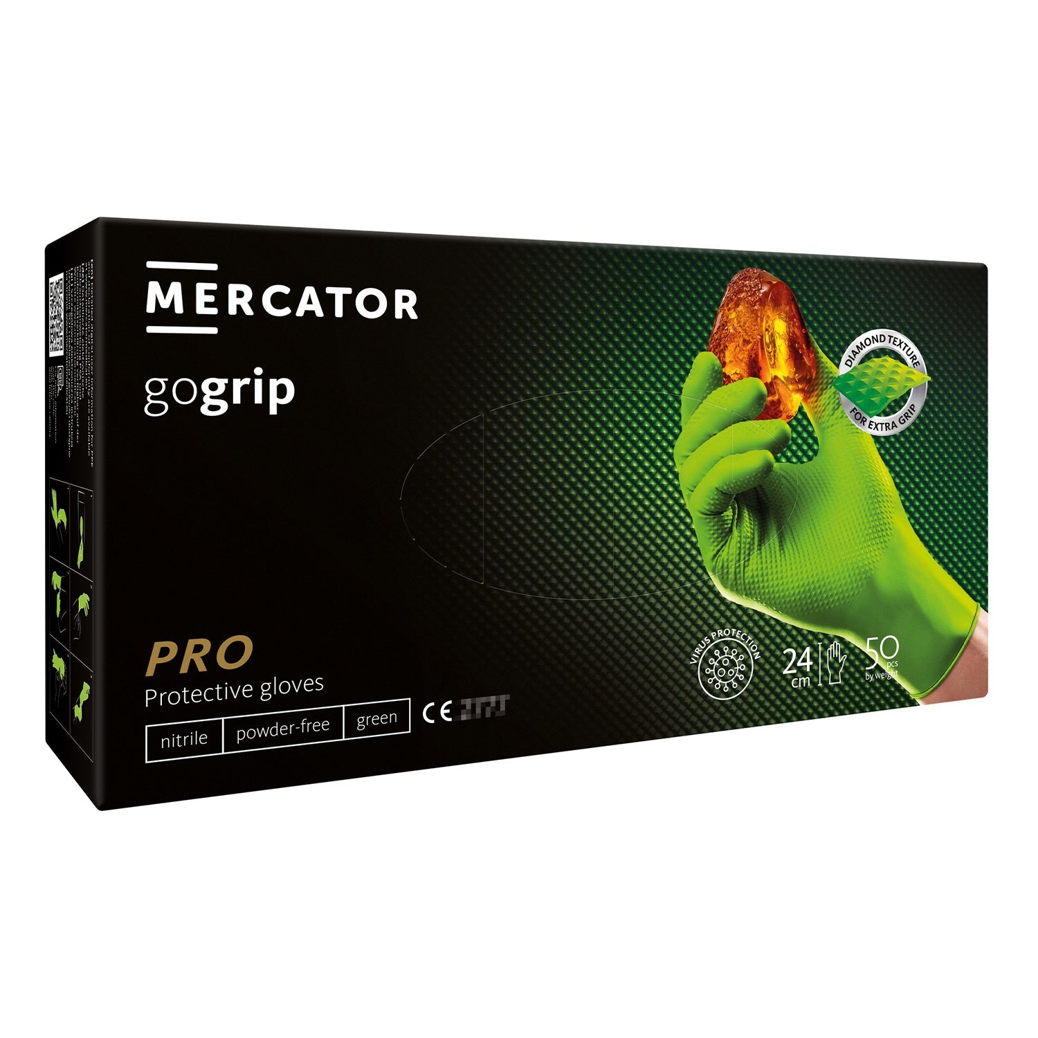Prémiové nitrilové rukavice Mercator Gogrip Pro zelené, 3D, veľkosť M, 50ks