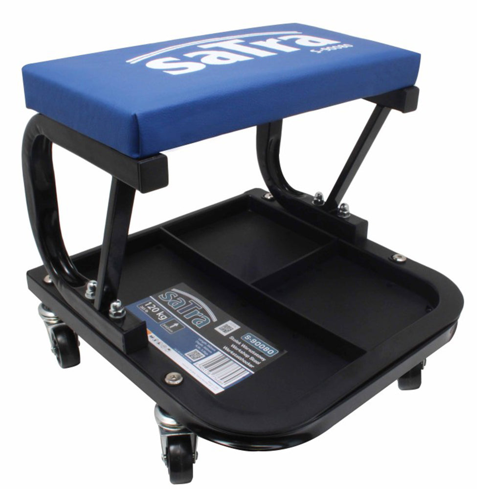 Mobilná dielenská stolička na kolieskach s odkladacou táckou na náradie, nosnosť 120kg, Satra
