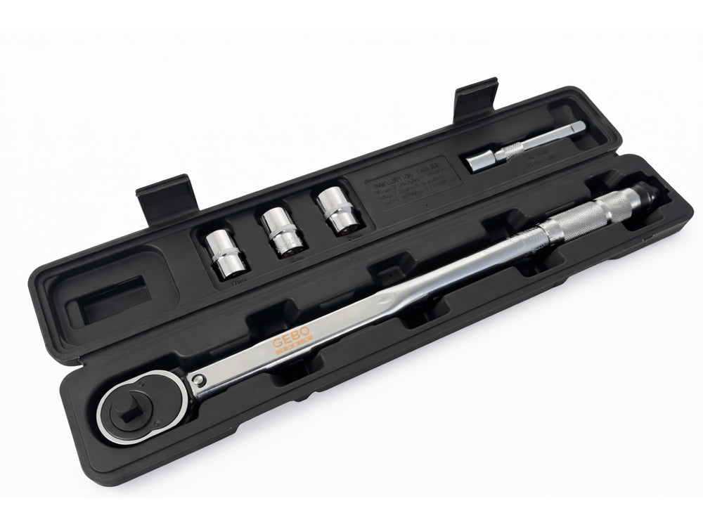 Momentový kľúč 1/2'', 28 - 210Nm, so sadou hlavíc 1/2'' 17, 19, 21mm a predlžovacím nadstavcom 1/2'' Gebo Tools
