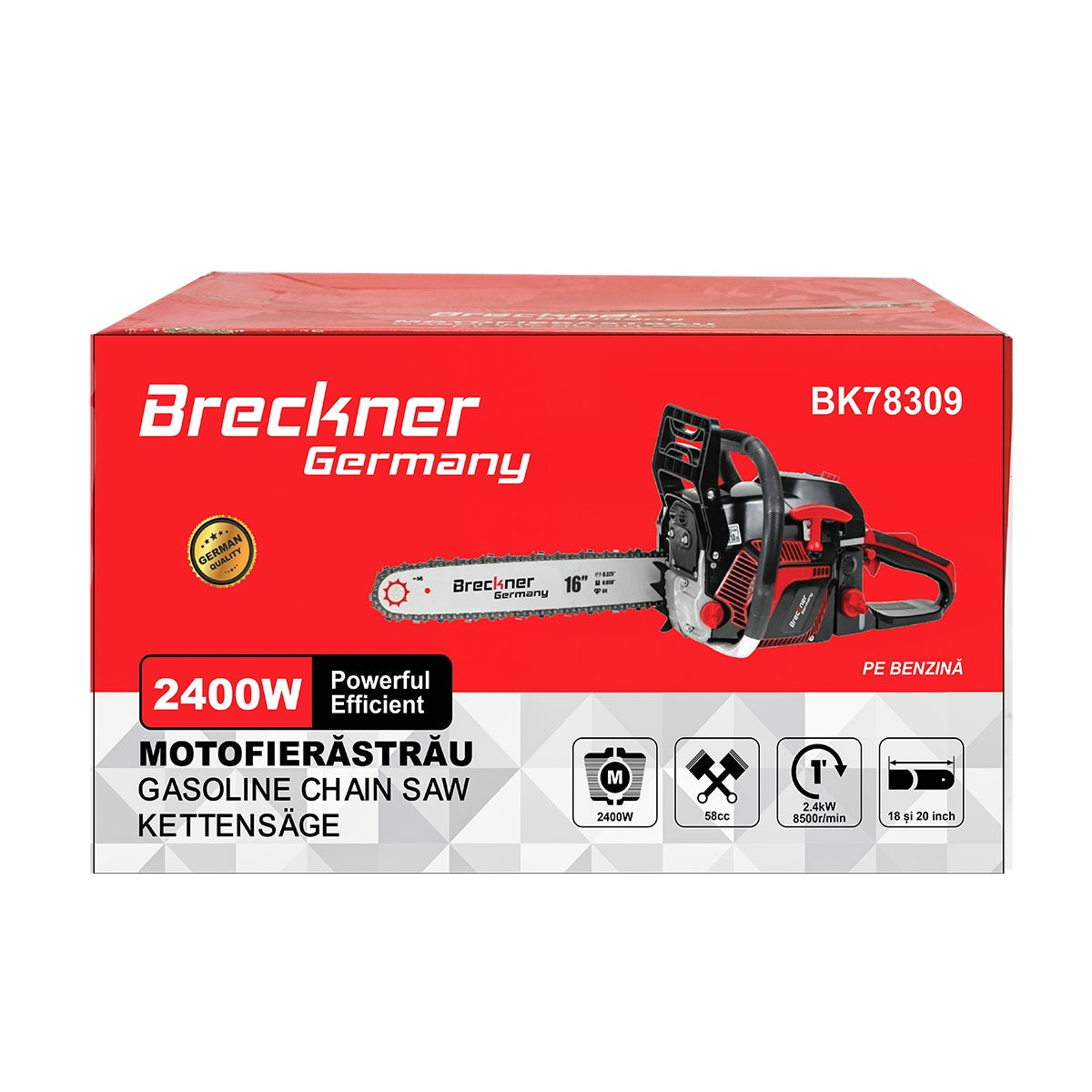 Motorová reťazová píla, benzínová, 2,4kW, 8500rpm, 58cm3, s lištou 18/20'' Breckner Germany
