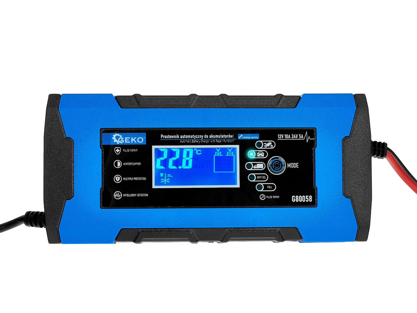 Nabíjačka auto a moto batérií s digitálnym LCD dispejom 12/24V, 10A, s režimom opravy Geko