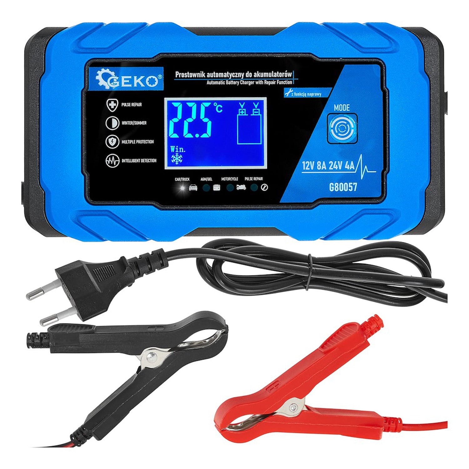 Nabíjačka auto a moto batérií s digitálnym LCD displejom 12/24V, 8A, s režimom opravy Geko