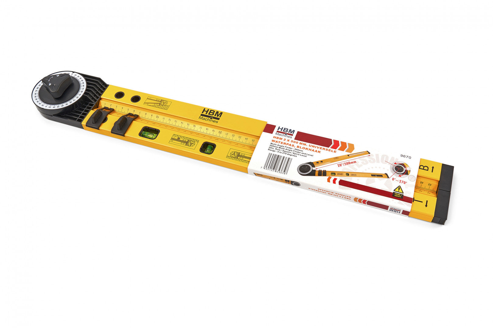 Nastaviteľný stavebný uhlomer s vodováhou 2 x 500mm HBM