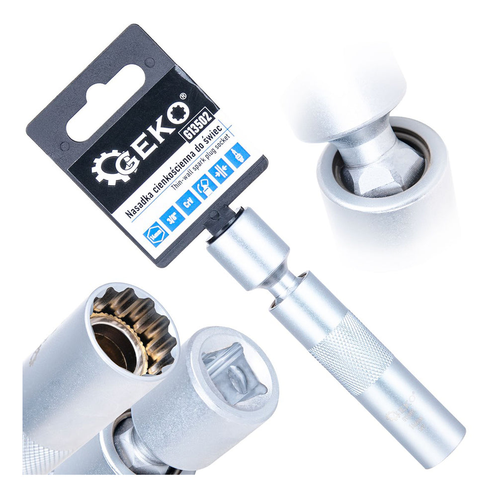 Nástrčná hlavica - kľúč na sviečky 14mm, 3/8'', s kardanovým kĺbom, tenkostenná, CrV, Geko
