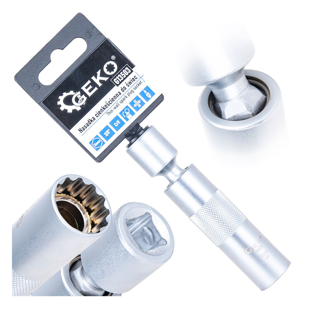Nástrčná hlavica - kľúč na sviečky 16mm, 3/8'', s kardanovým kĺbom, tenkostenná, CrV, Geko