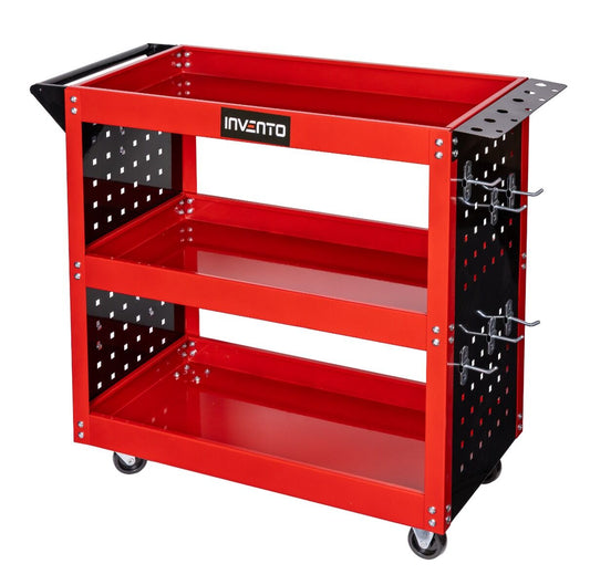 Pojazdný dielenský vozík na náradie s 3 policami, držiakom na skrutkovače a bočným panelom s háčikmi, 78 x 35 x 75,5cm Invento