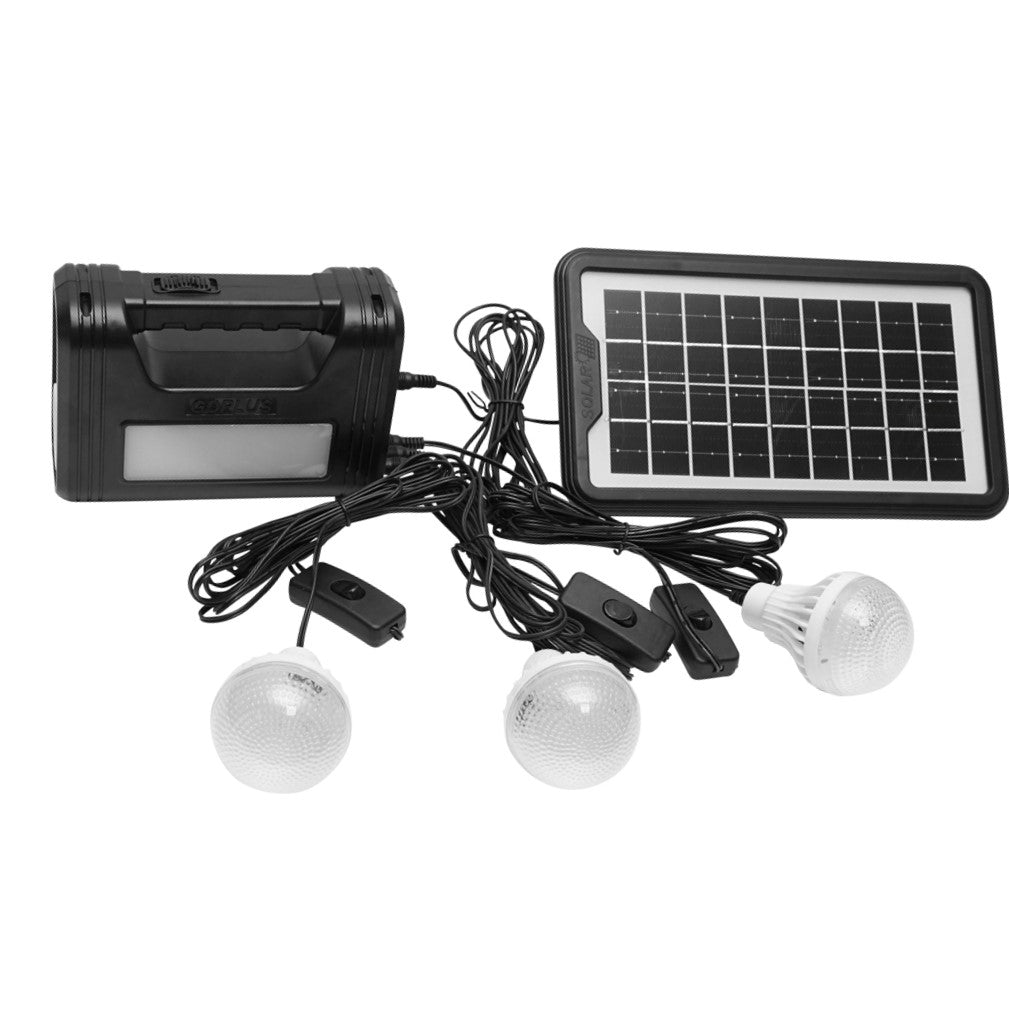 Prenosná sada LED osvetlenia, 3 žiarovky, reflektor, solárny panel a batéria 6V, 3Ah, vhodné na rybolov kempovanie GD-8017COB