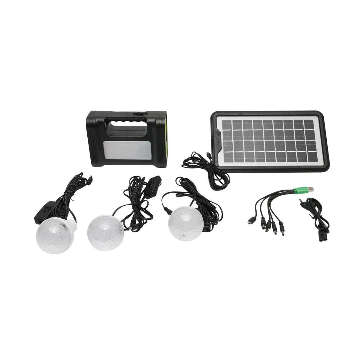 Prenosná sada LED osvetlenia, 3 žiarovky, reflektor, solárny panel a batéria 6V, 4,5Ah, vhodné na rybolov kempovanie GD-17