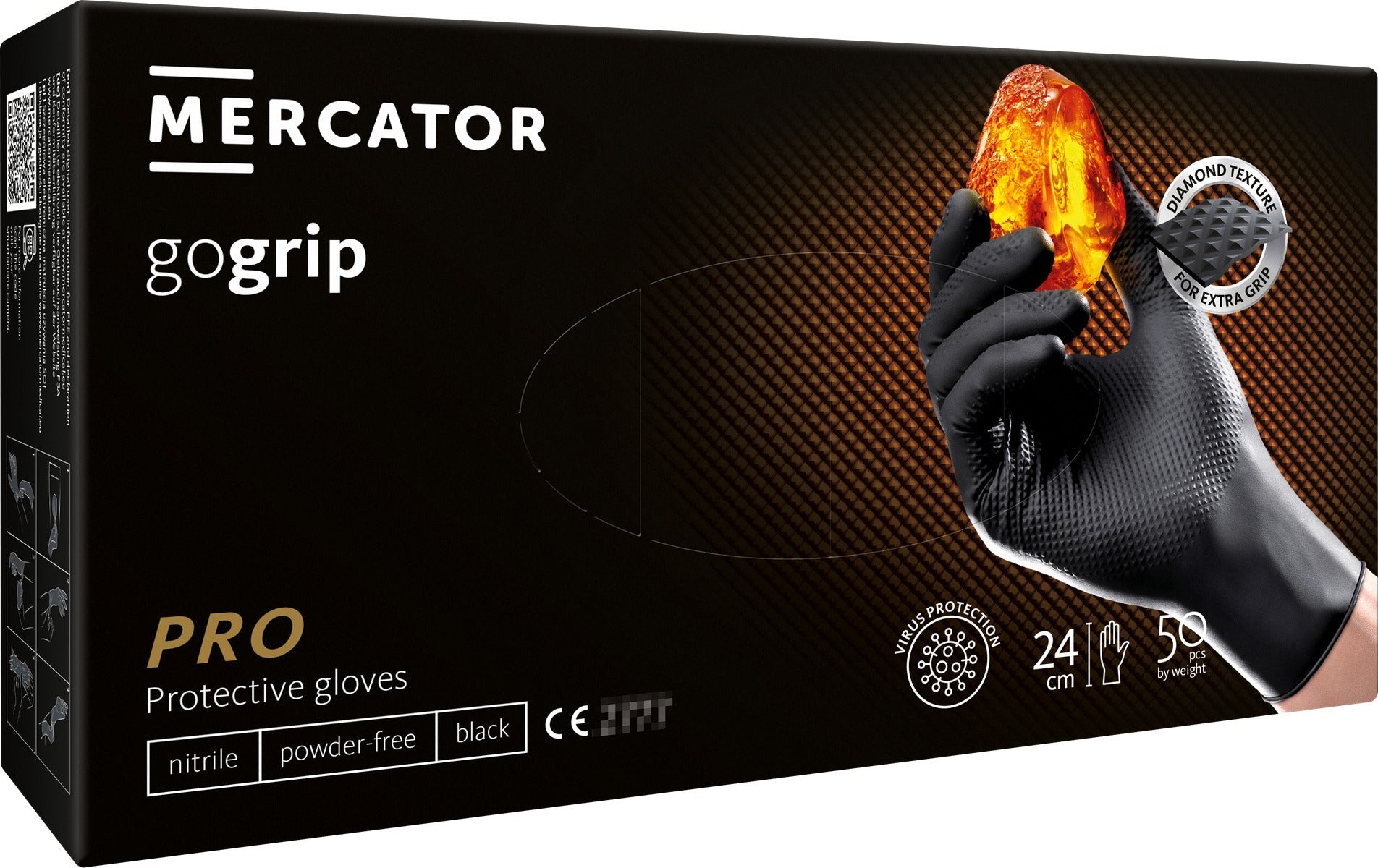 Prémiové nitrilové rukavice Mercator Gogrip čierne pre mechanikov, veľkosť M, 50ks