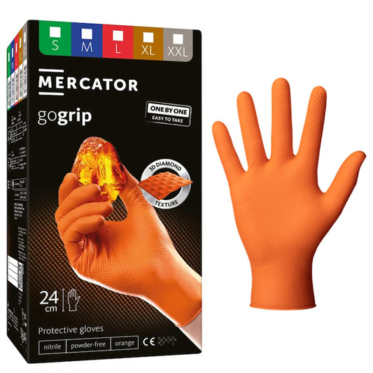 Prémiové nitrilové rukavice Mercator GoGrip One by One, oranžové, veľkosť M, balenie 100ks