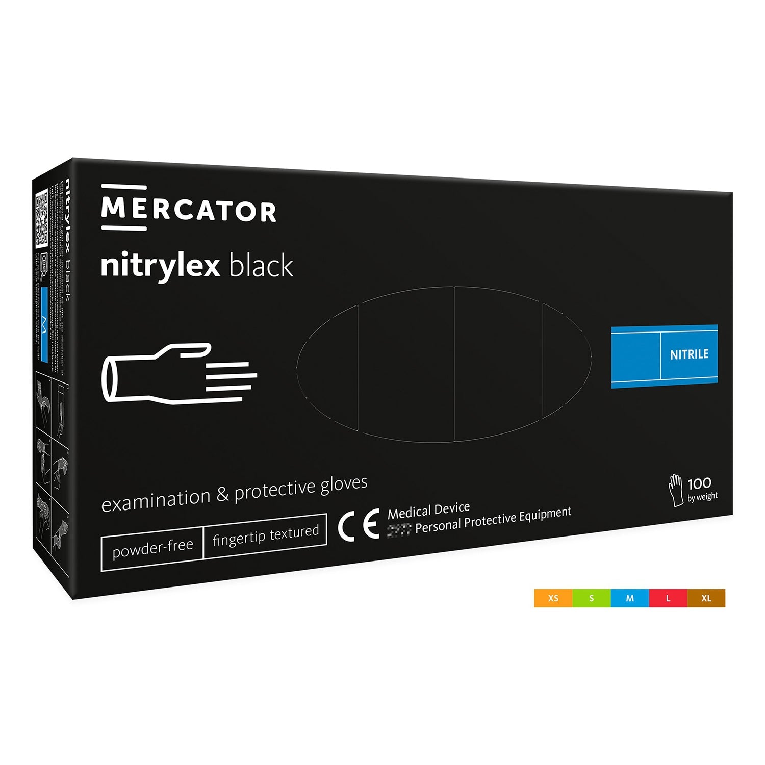 Prémiové zdravotnícke nitrilové rukavice bez púdru Mercator čierne, veľkosť L, 100ks