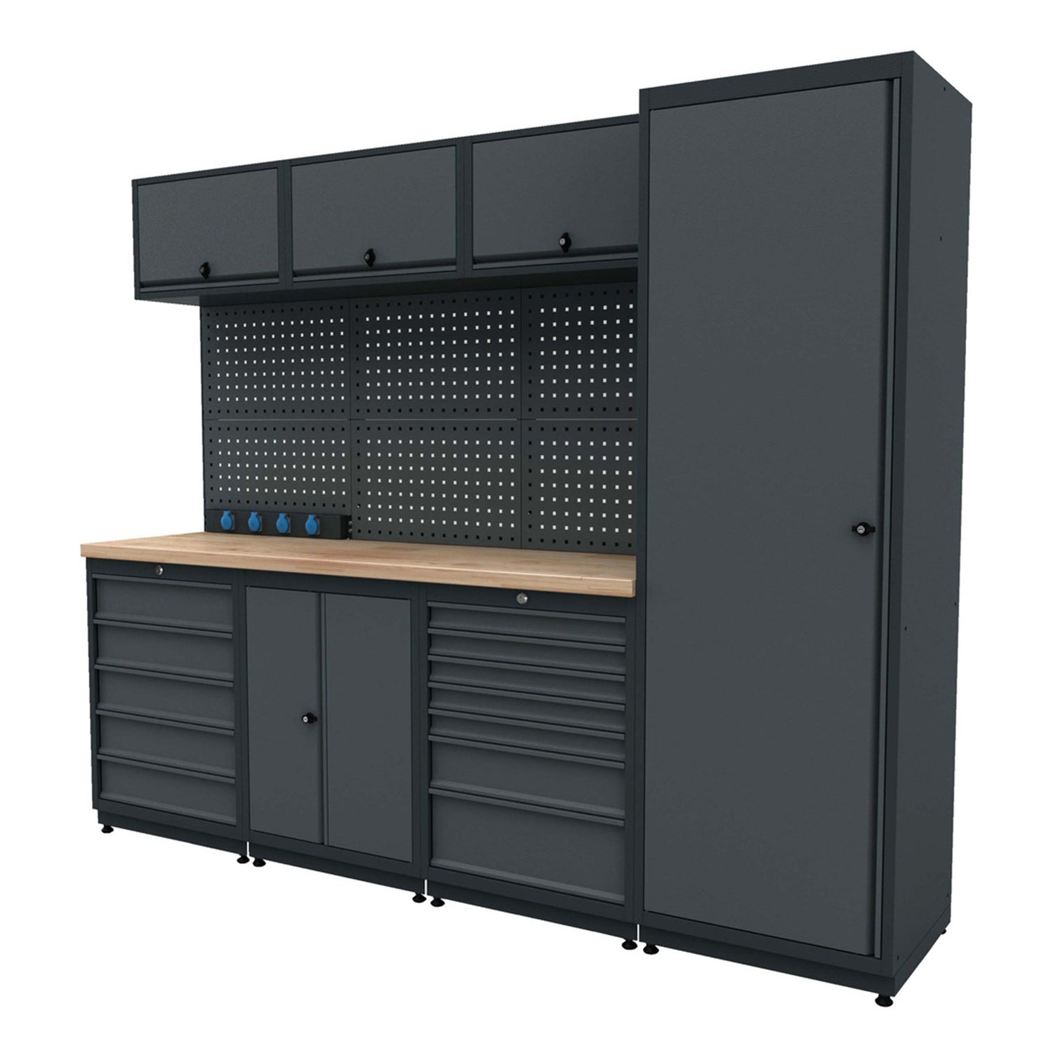 Modulárny kovový nábytok do dielne, zostava s pracovným stolom 2,48m model 3