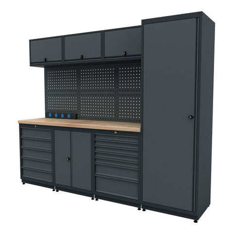 Modulárny kovový nábytok do dielne, zostava s pracovným stolom 2,48m model 3