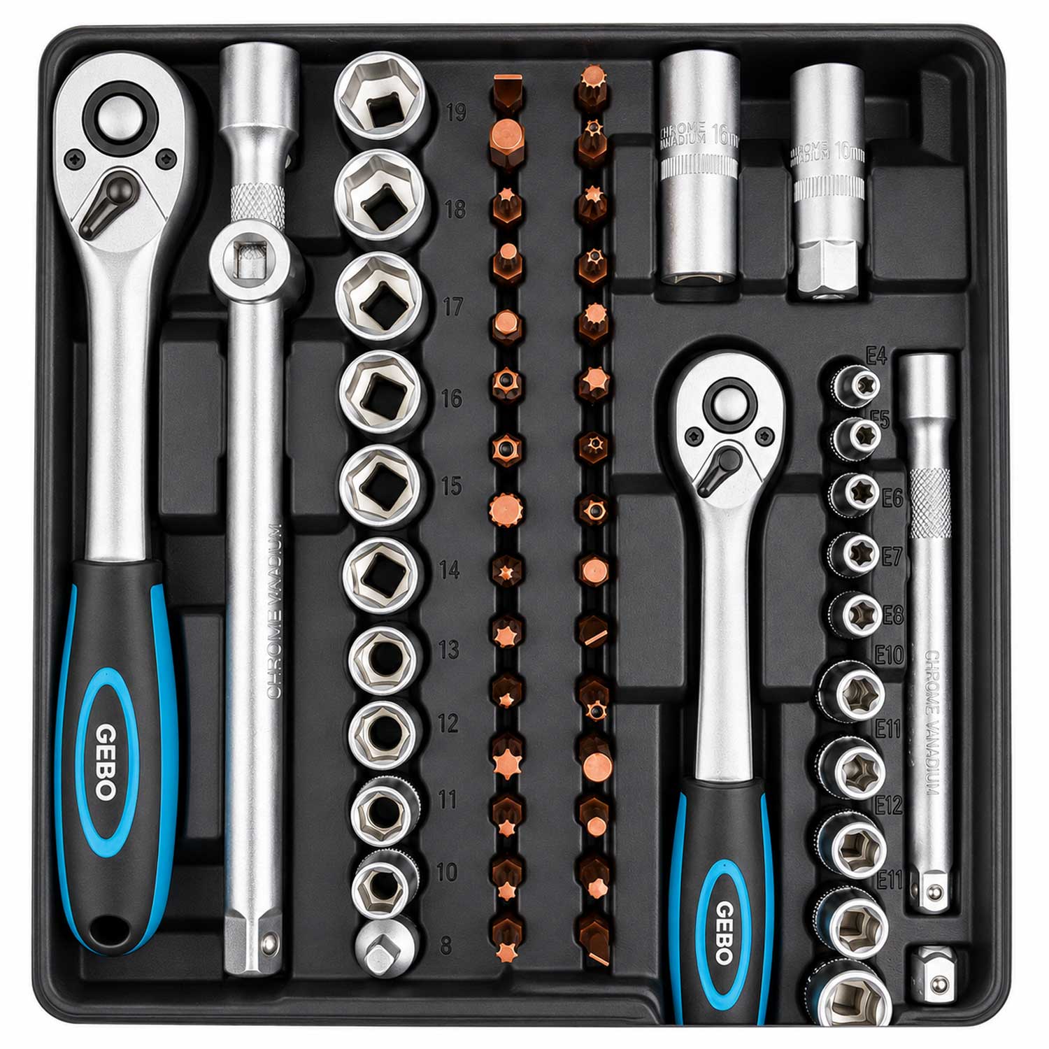 Profesionálna Gola sada náradia s nástrčnými hlavicami a račňami 1/2'' 3/8'' 1/4'', 216ks Gebo Tools