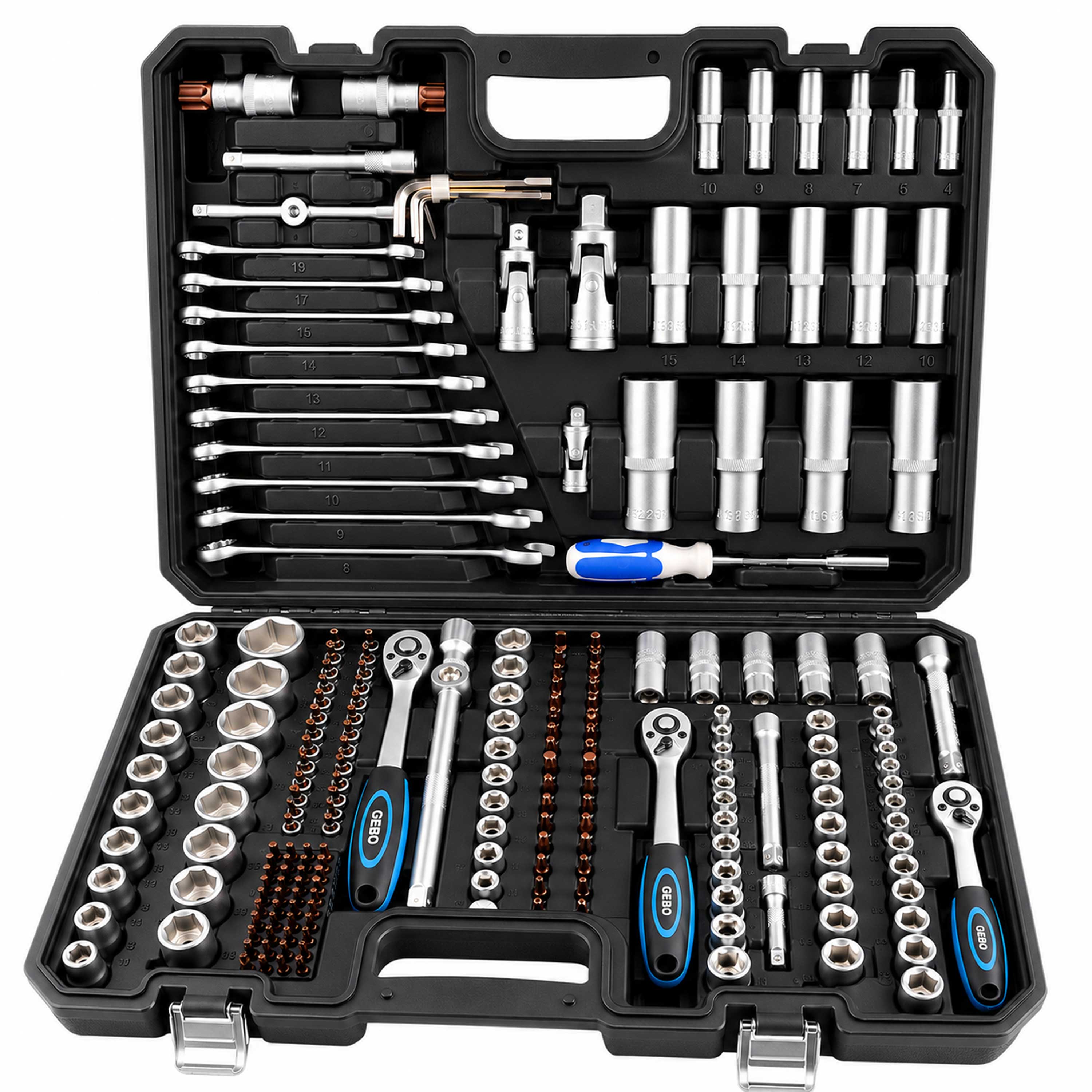 Profesionálna Gola sada náradia s nástrčnými hlavicami a račňami 1/2'' 3/8'' 1/4'', 216ks Gebo Tools
