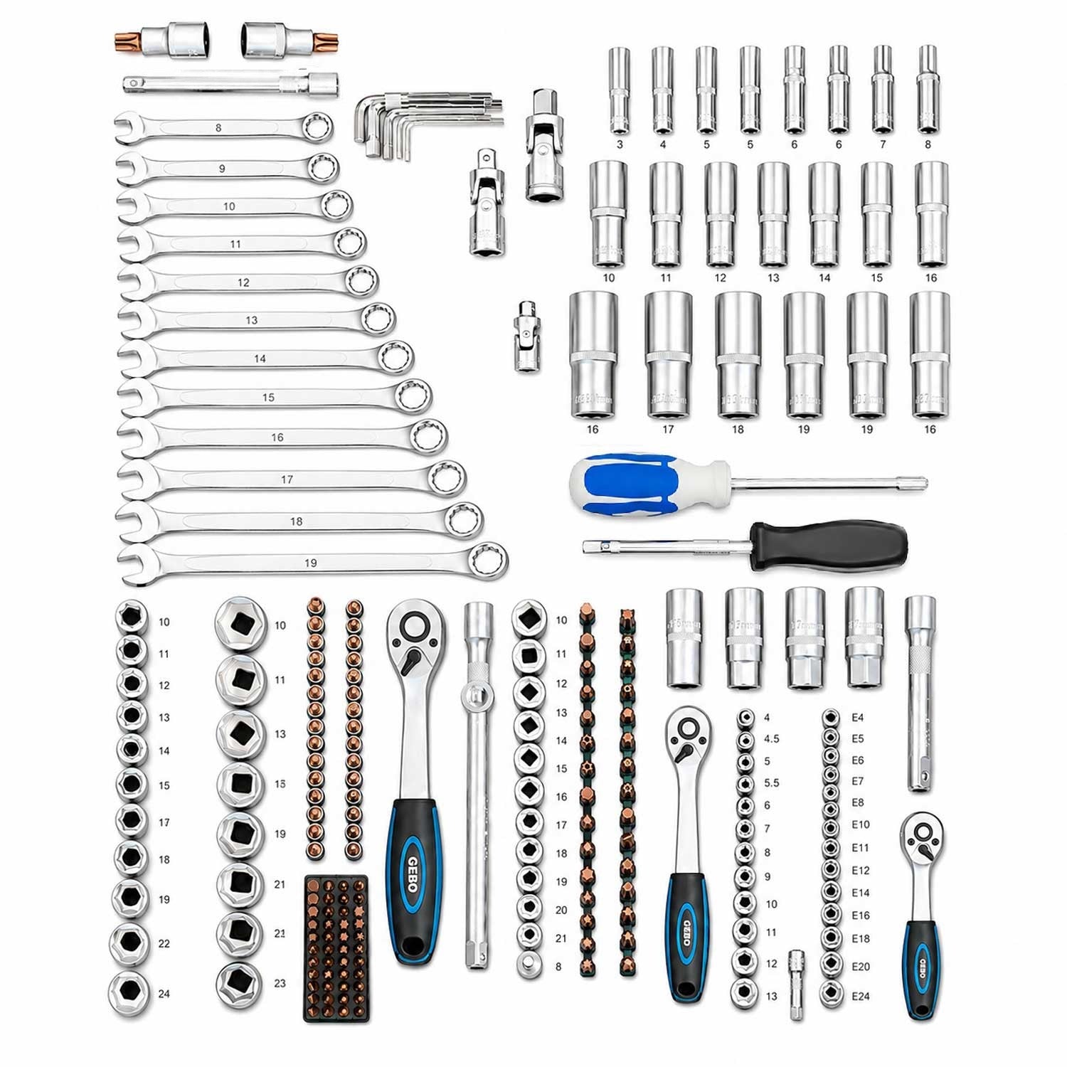 Profesionálna Gola sada náradia s nástrčnými hlavicami a račňami 1/2'' 3/8'' 1/4'', 216ks Gebo Tools