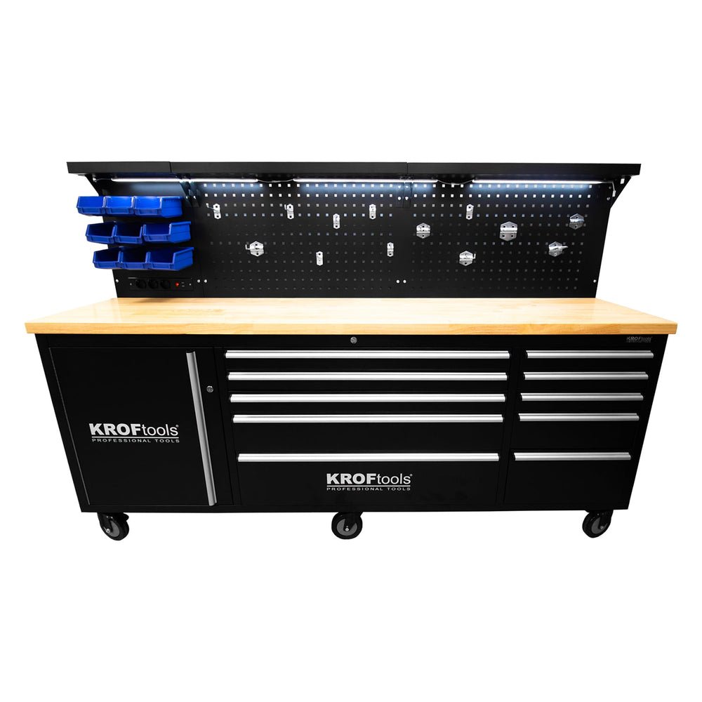 Profesionálny kovový pracovný stôl, 10 zásuviek, masívna drevená doska, LED osvetlený panel, zásuvky 230V, USB port, dĺžka 213cm