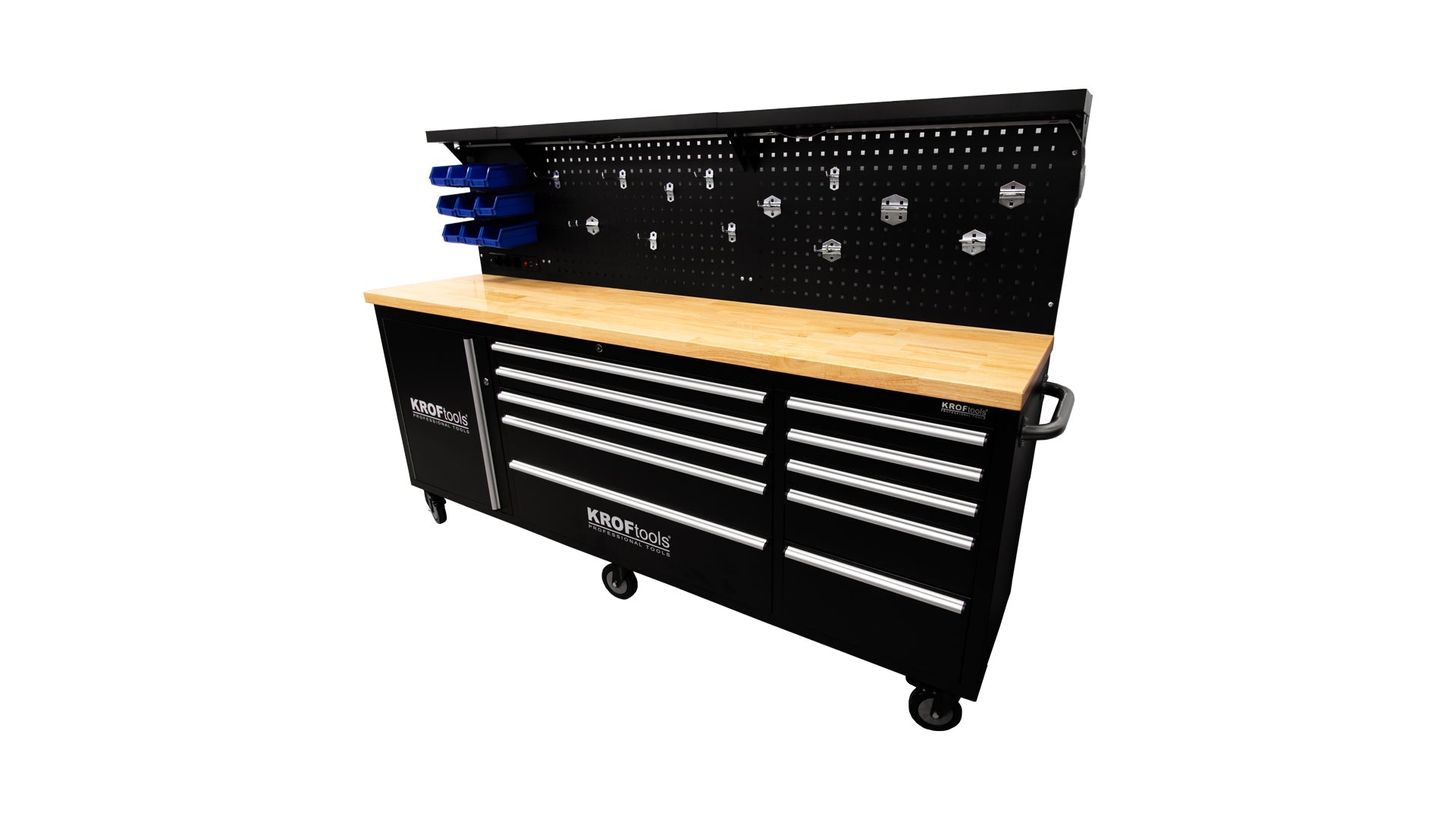 Profesionálny kovový pracovný stôl, 10 zásuviek, masívna drevená doska, LED osvetlený panel, zásuvky 230V, USB port, dĺžka 213cm