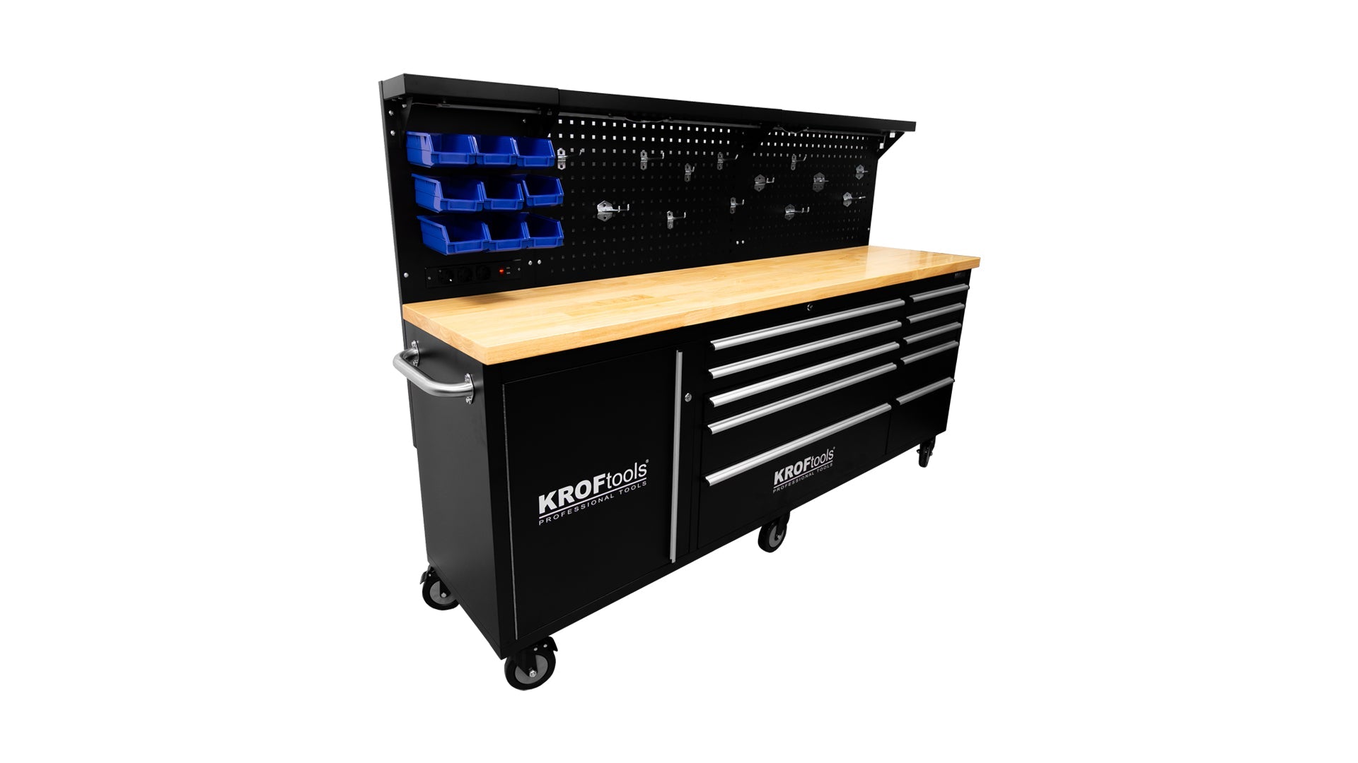 Profesionálny kovový pracovný stôl, 10 zásuviek, masívna drevená doska, LED osvetlený panel, zásuvky 230V, USB port, dĺžka 213cm
