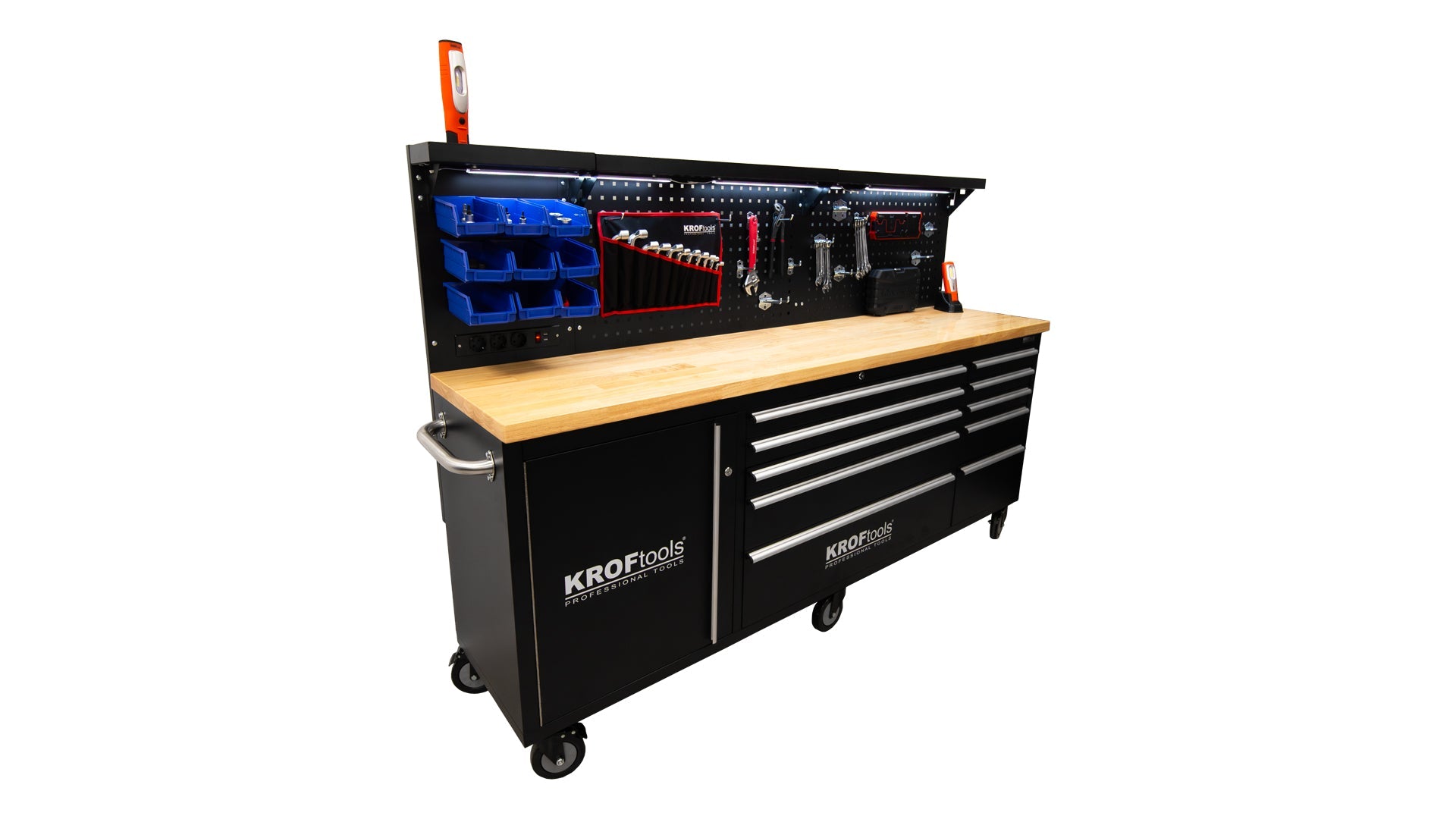 Profesionálny kovový pracovný stôl, 10 zásuviek, masívna drevená doska, LED osvetlený panel, zásuvky 230V, USB port, dĺžka 213cm