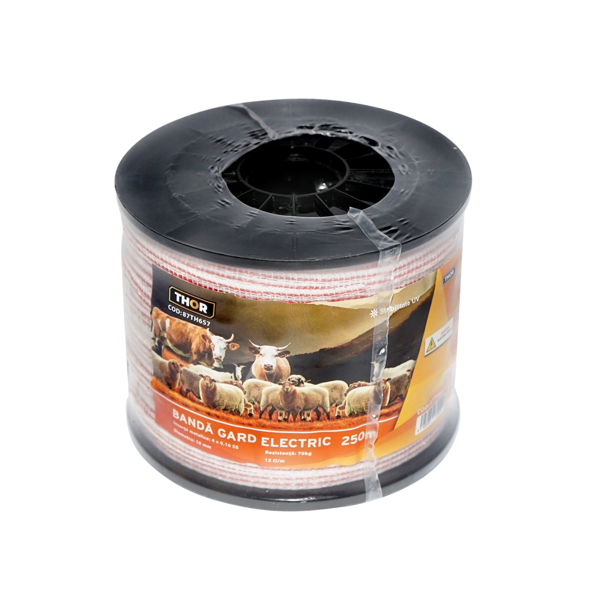 Páska na elektrický ohradník červeno-biela 10mm, kovová vložka 4 × 0,16mm SS, odpor 13Ω/m, návin 250m Thor
