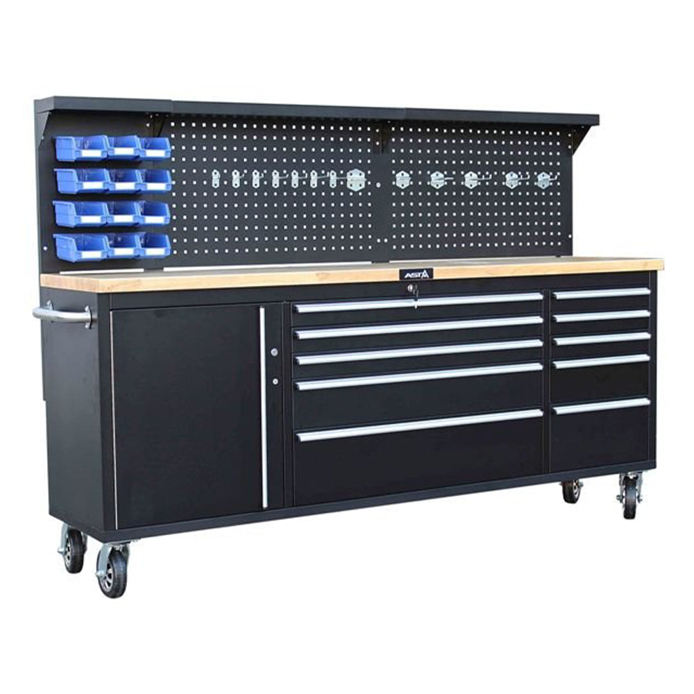 Pracovný stôl mobilný so skrinkou na náradie, 11 zásuviek, profesionálny, s drevenou doskou a panelom 214cm