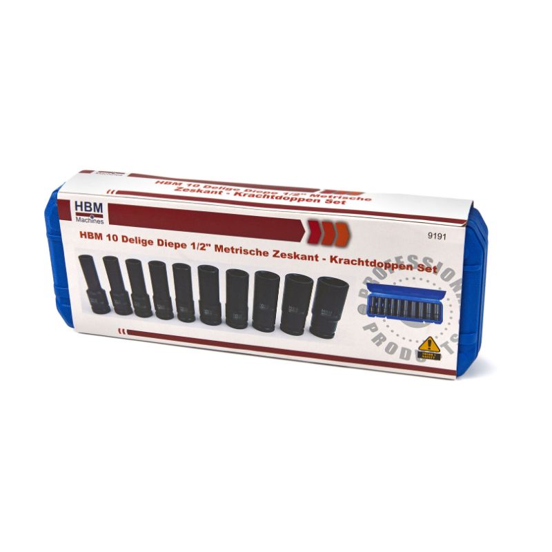 Sada dlhých rázových nástrčných hlavíc - kľúčov 1/2'', 10 - 22mm, 10ks HBM Machines Holandsko