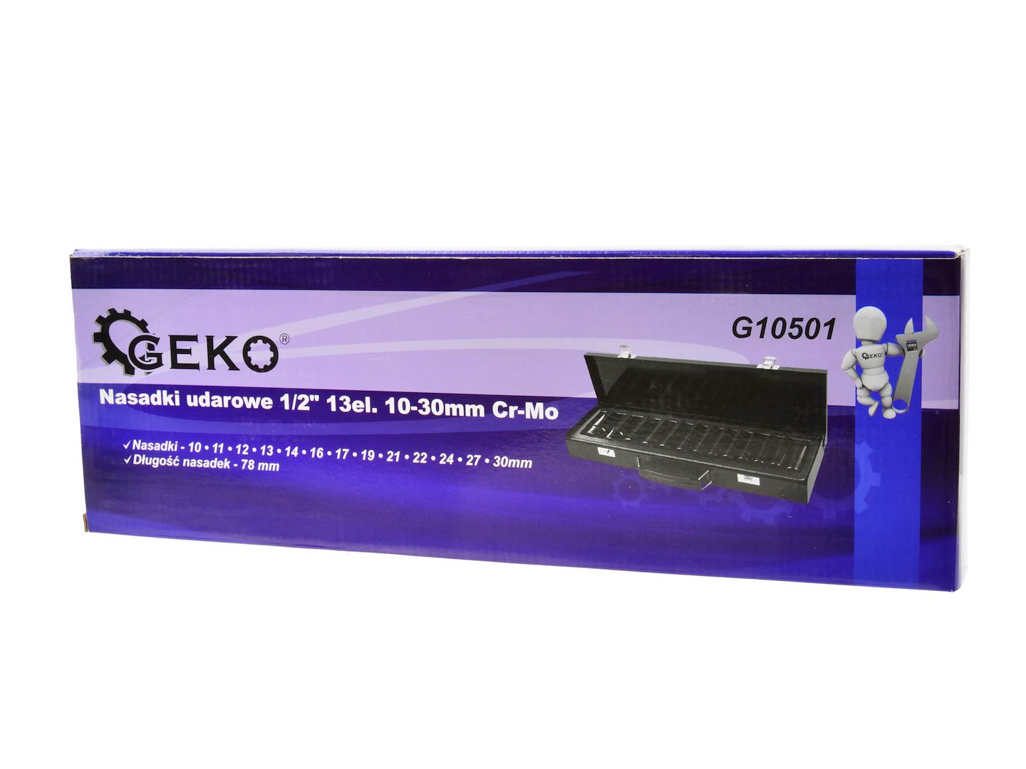 Sada dlhých rázových nástrčných hlavíc - kľúčov, 6-hran, 1/2'', 10 - 30mm, 78mm, 13ks Geko