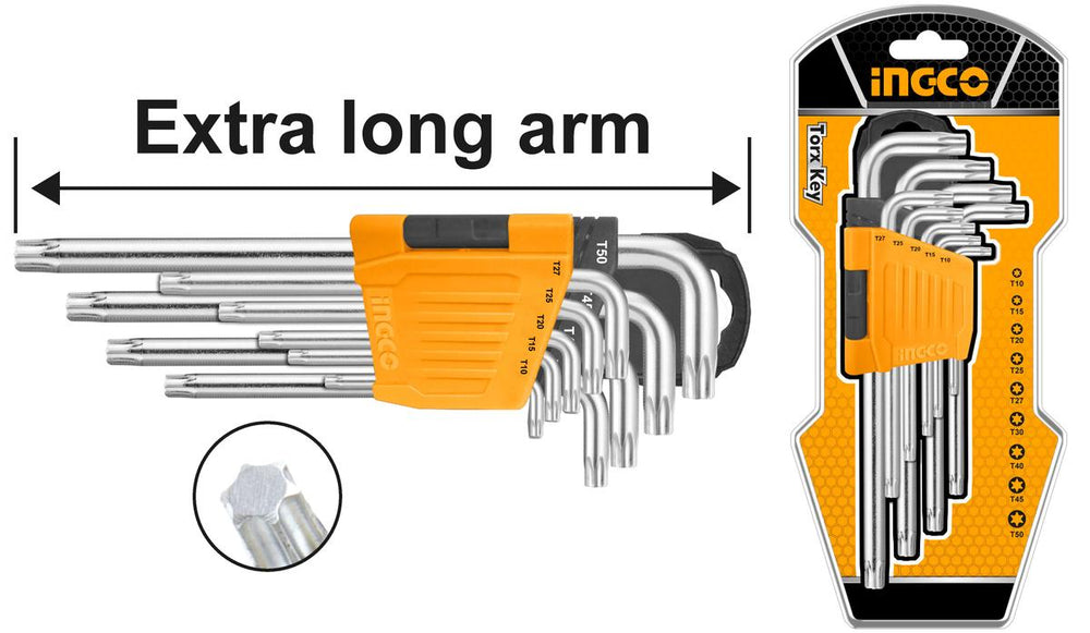 Sada extra dlhých Torx kľúčov typu L, T10 - T50, 9ks Ingco