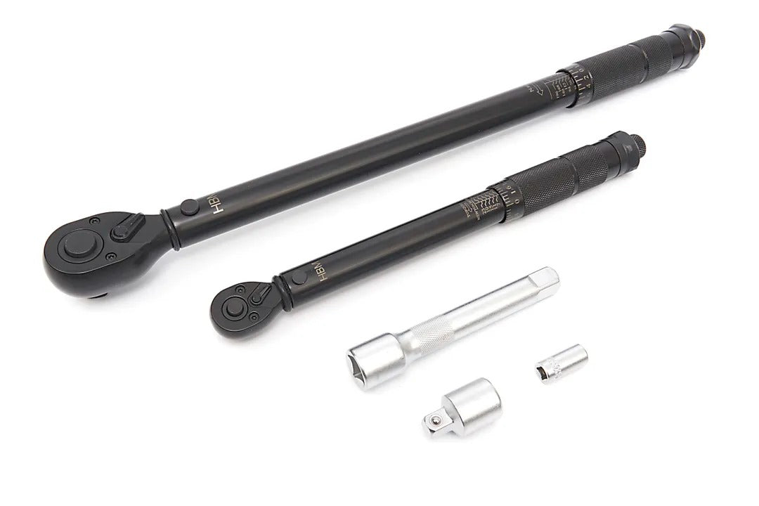 Sada momentových kľúčov HBM Holandsko 5ks, 1/4” (5 - 25Nm) a 1/2” (28 - 210Nm), s predĺžením 125mm a adaptérom