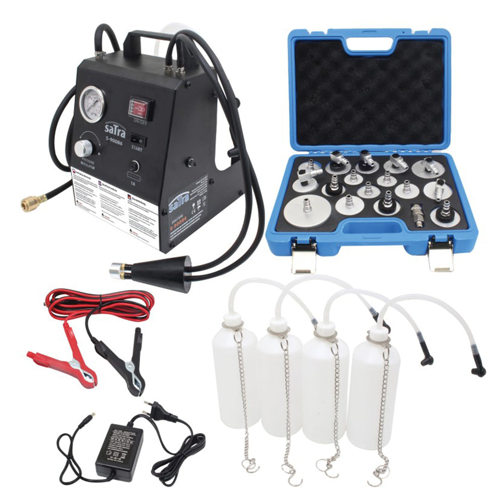 Sada na odvzdušnenie bŕzd a výmenu brzdovej kvapaliny, s adaptérmi 0,6 - 3,0 bar, 12V/230V, univerzálna pre ABS/ESP, Satra
