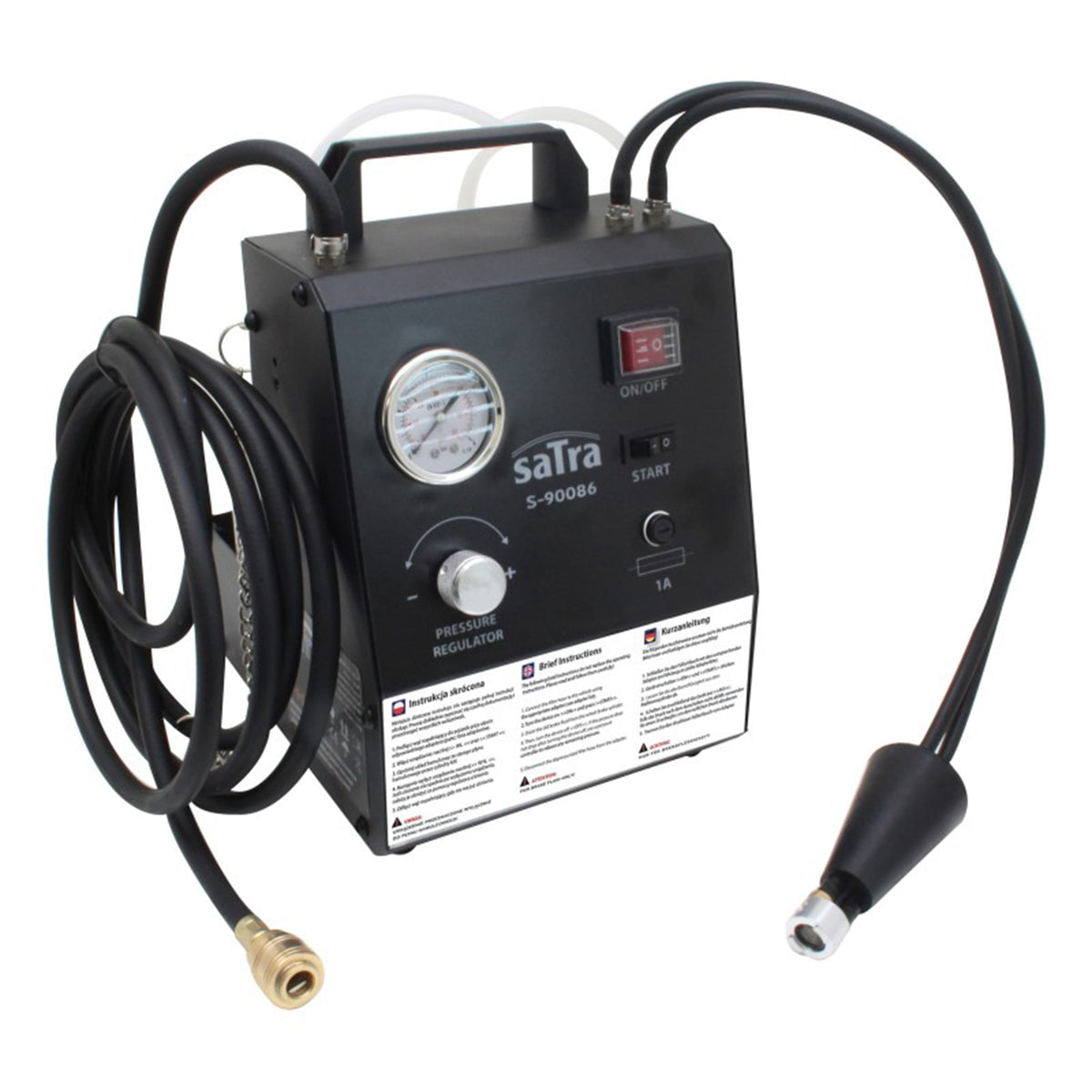 Sada na odvzdušnenie bŕzd a výmenu brzdovej kvapaliny, s adaptérmi 0,6 - 3,0 bar, 12V/230V, univerzálna pre ABS/ESP, Satra