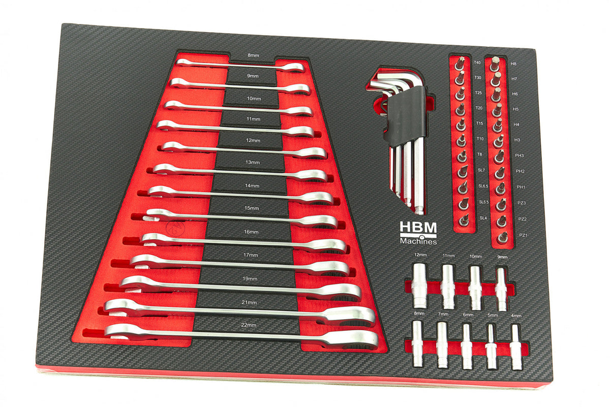 Sada náradia do zásuvky - 4 výplne - vložky, 154ks, rozmery: 39 × 54,5cm HBM Machines Holandsko