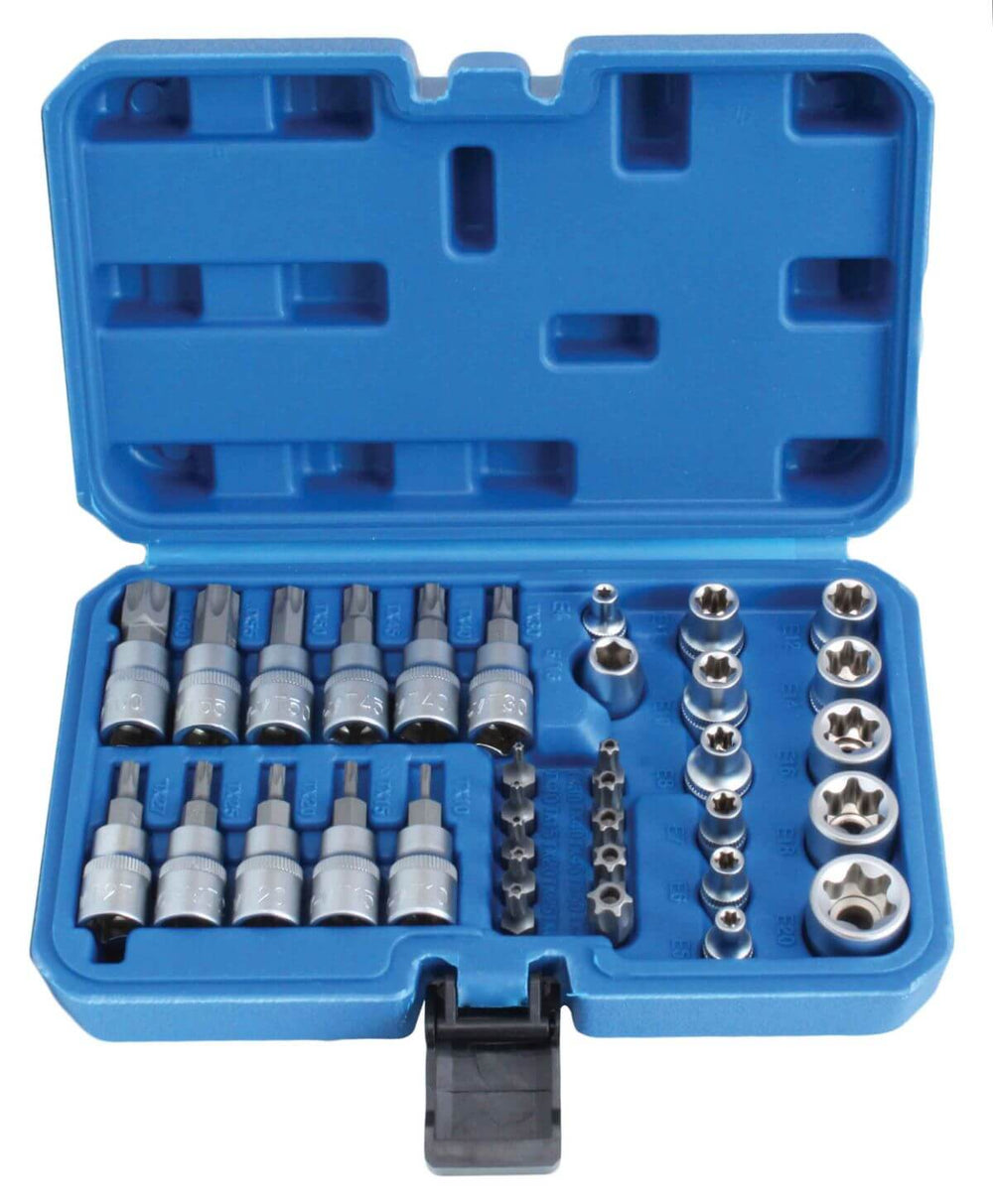Sada nástrčných hlavíc - kľúčov E-Torx a bitov 3/8'', 34ks, T10 - T60, E4 - E20