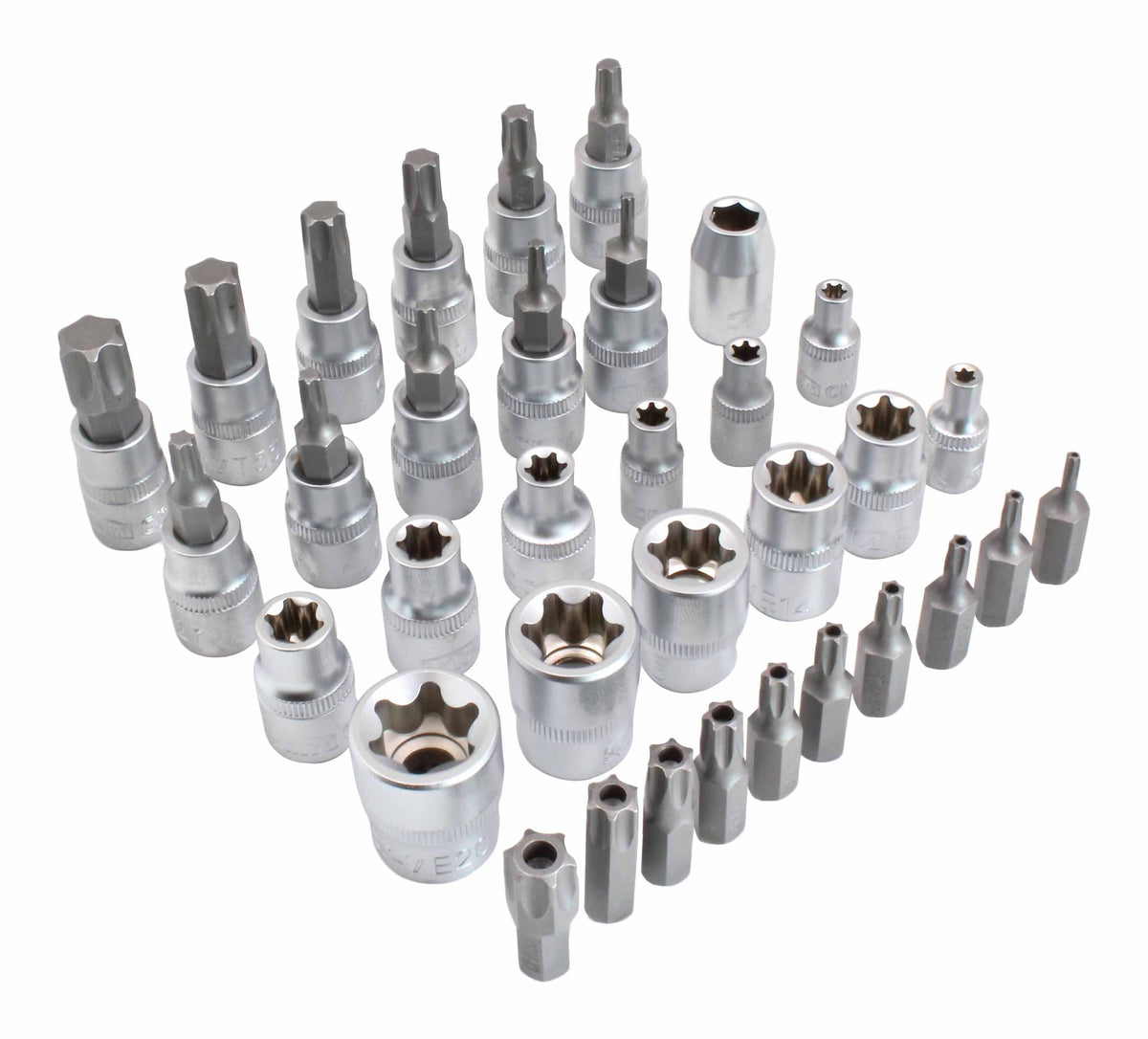 Sada nástrčných hlavíc - kľúčov E-Torx a bitov 3/8'', 34ks, T10 - T60, E4 - E20