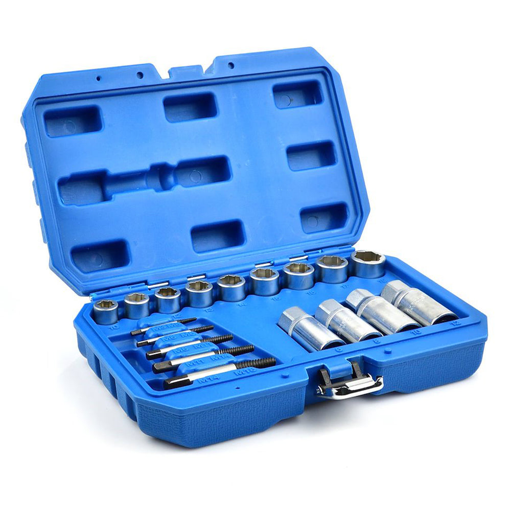 Sada nástrčných hlavíc - kľúčov na opotrebované skrutky, matice a čapy 3/8'' a 1/2'', 6 - 19mm, M3 - M18, Cr-V, 18ks