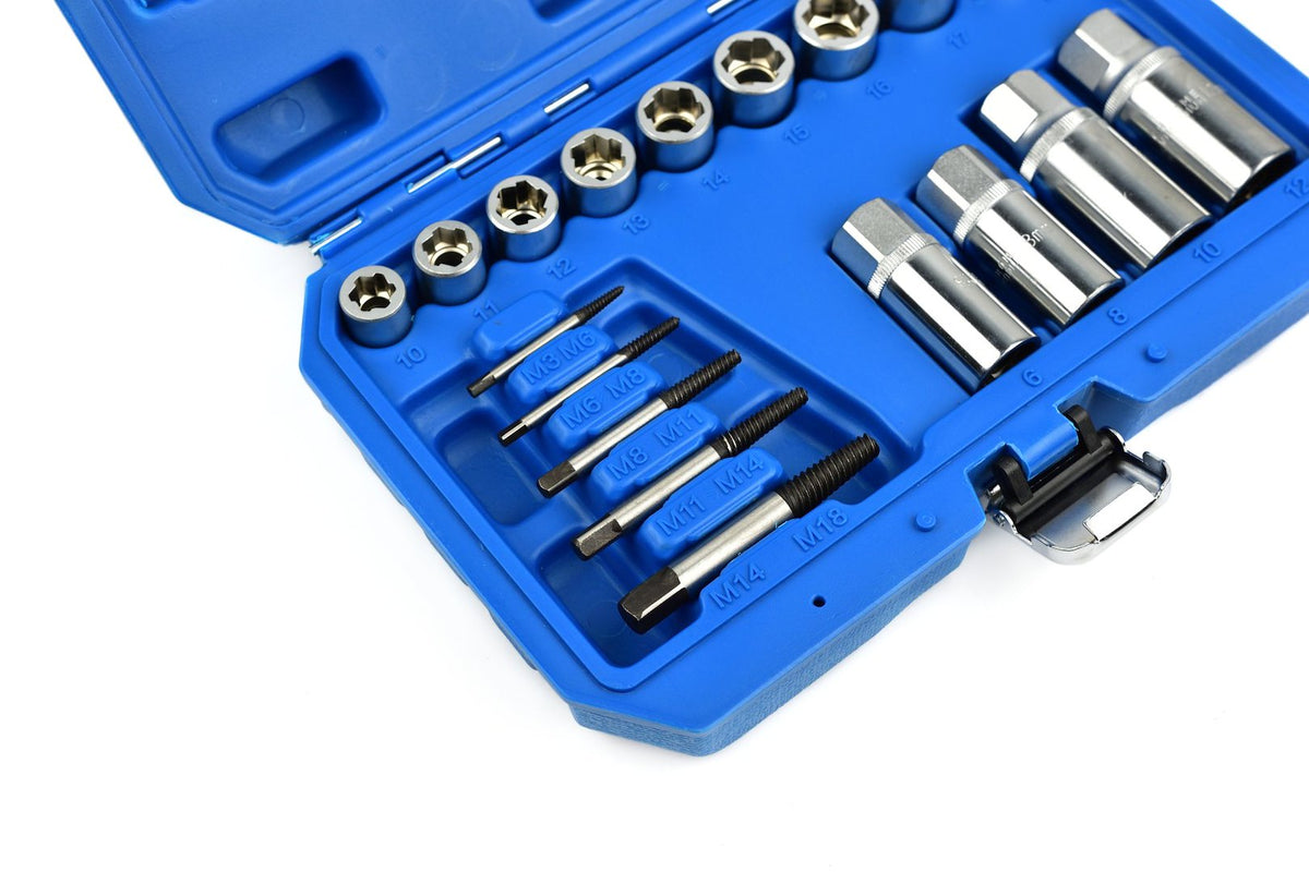 Sada nástrčných hlavíc - kľúčov na opotrebované skrutky, matice a čapy 3/8'' a 1/2'', 6 - 19mm, M3 - M18, Cr-V, 18ks