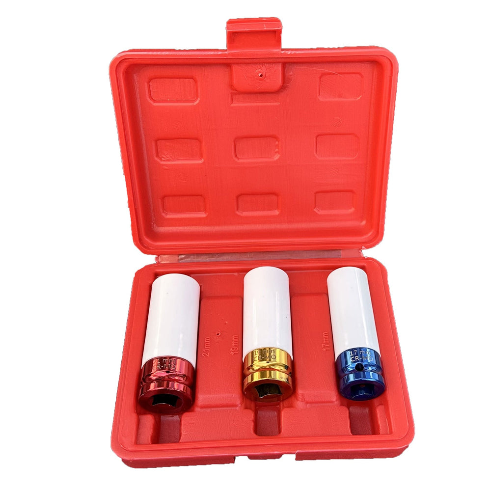 Sada nástrčných hlavíc - kľúčov pre zliatinové disky s ochrannou manžetou 17, 19, 21mm, Cr-V, 3ks Gebo Tools