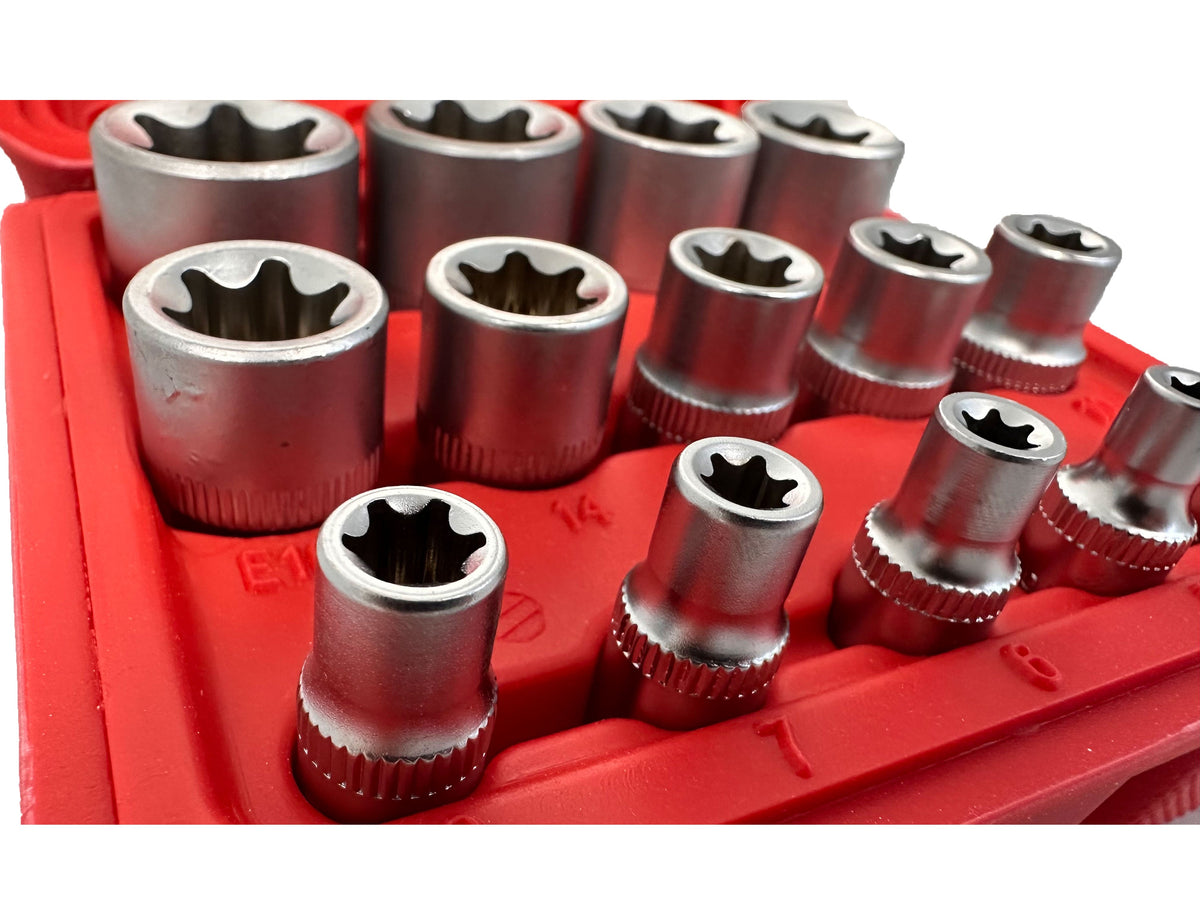 Sada nástrčných hlavíc - kľúčov, profil E, E4 - E24, 1/4", 3/8", 1/2", 14ks Gebo Tools