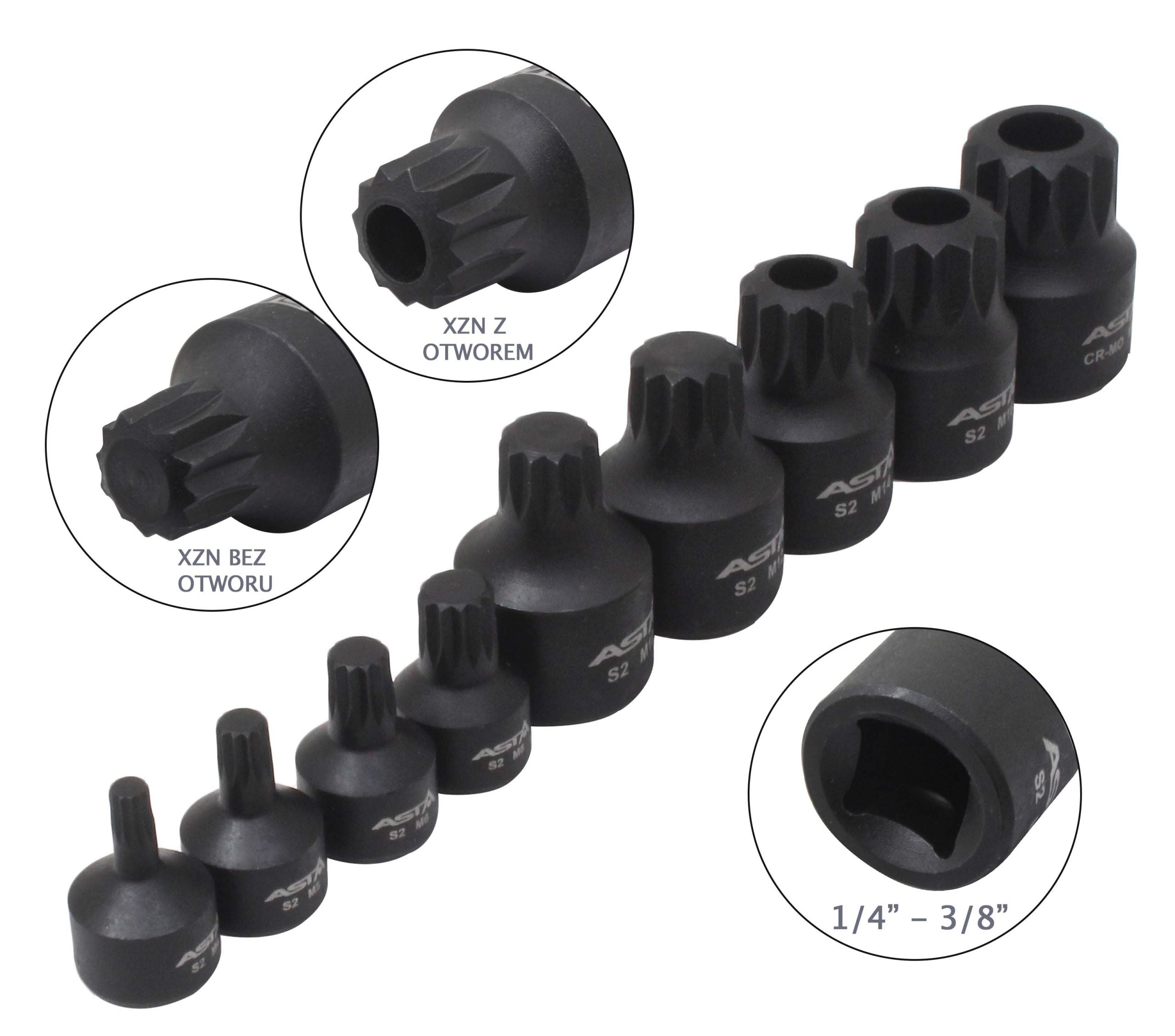 Sada rázových nástrčných hlavíc s bitom - kľúčov XZN, M4 - M18, 1/4'' - 3/8'', 9ks