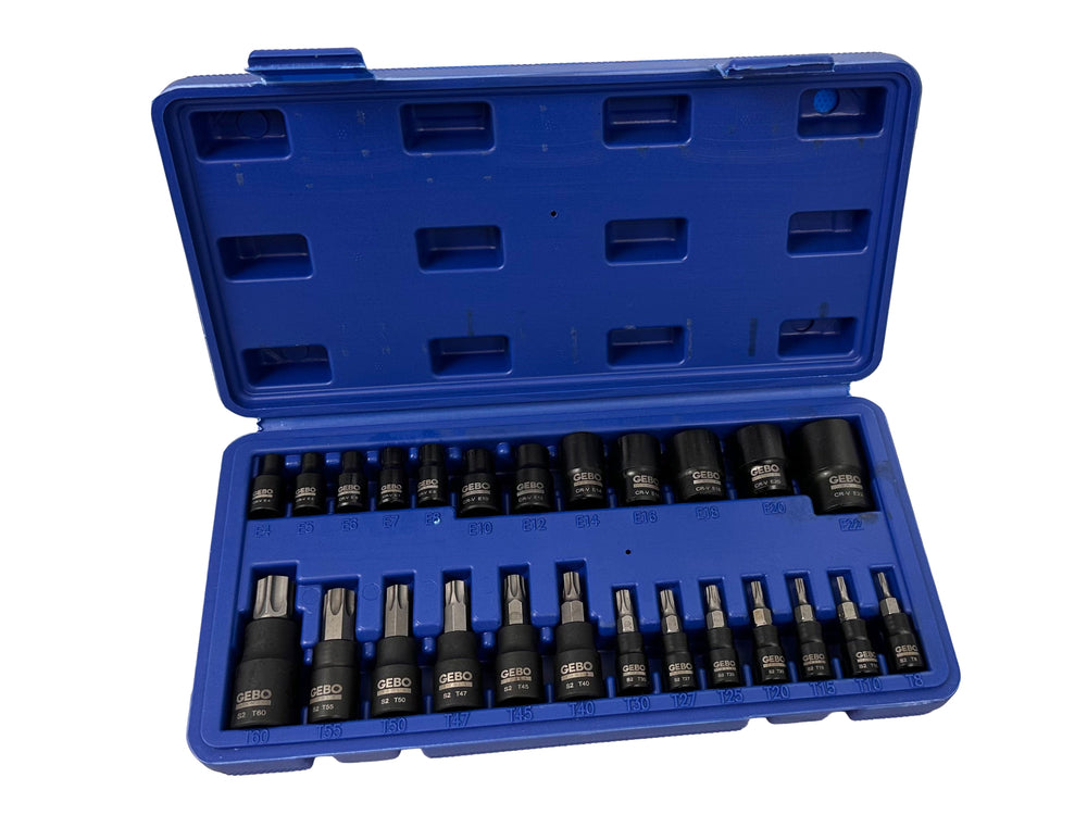 Sada Torx a E-Torx hlavíc a nástrčných kľúčov, T8 - T60 a E4 - E20, 1/4'' 3/8'' 1/2'', 25ks Gebo Tools