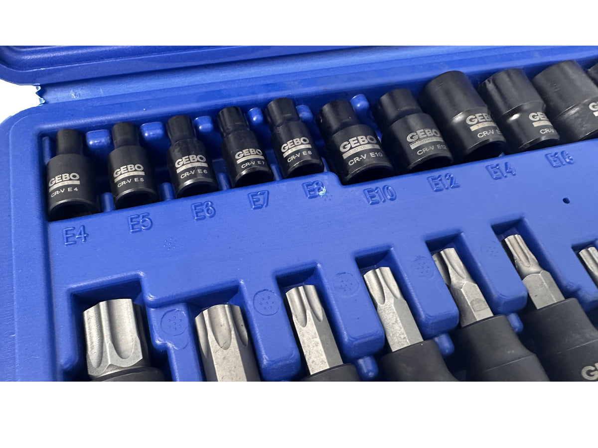 Sada Torx a E-Torx hlavíc a nástrčných kľúčov, T8 - T60 a E4 - E20, 1/4'' 3/8'' 1/2'', 25ks Gebo Tools