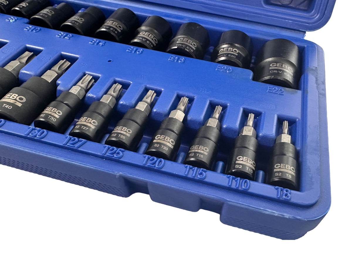 Sada Torx a E-Torx hlavíc a nástrčných kľúčov, T8 - T60 a E4 - E20, 1/4'' 3/8'' 1/2'', 25ks Gebo Tools