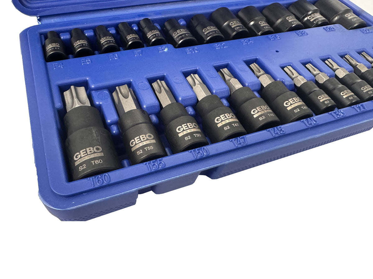 Sada Torx a E-Torx hlavíc a nástrčných kľúčov, T8 - T60 a E4 - E20, 1/4'' 3/8'' 1/2'', 25ks Gebo Tools