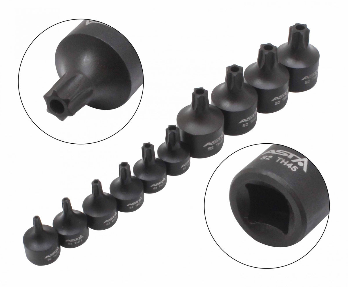 Sada Torx rázových nástrčných hlavíc s bitom - kľúčov, s otvorom, 1/4'', 3/8''